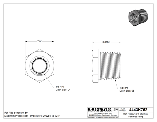 Technical drawing of High-Pressure 316 Stainless Steel Pipe Fitting, Bushing Adapter, 1/2 NPT Male x 1/4 NPT Female.